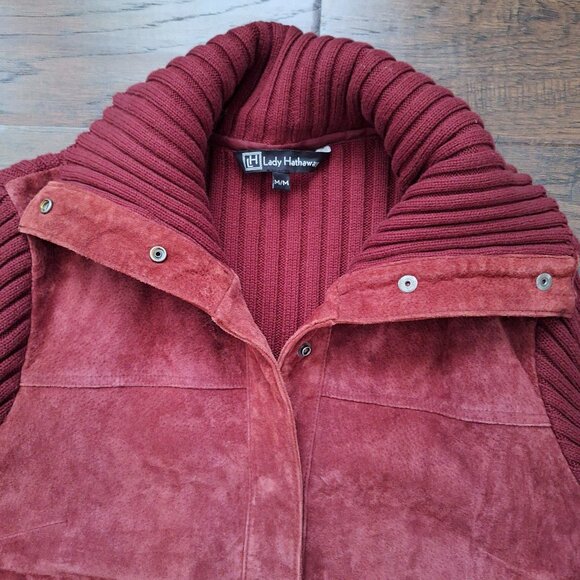 Lady Hathaway Bordeaux Red Suede Sweater Button-Down Jacket - Picture 4 of 8